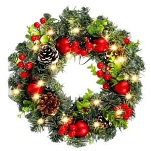 Couronne de Noël élégante rouge avec éclairage LED et fruits décoratifs