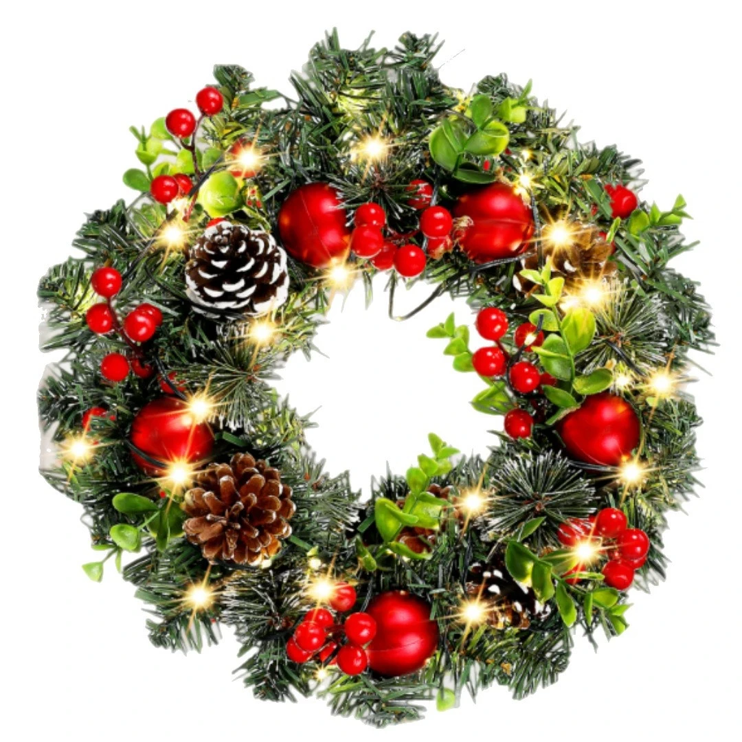 Couronne de Noël élégante rouge avec éclairage LED et fruits décoratifs