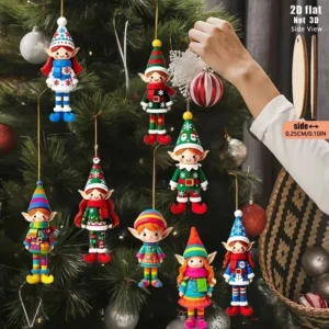 Ensemble de 8 suspensions en bois de Noël – Petites figurines de lutins et personnages festifs