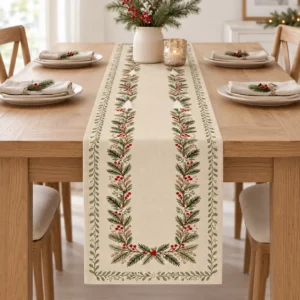 Chemin de table de Noël rétro – Motif flocons, branches de pin et baies rouges