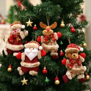 Ensemble de 4 décorations de Noël suspendues – Père Noël, bonhomme de neige, ourson et sapin
