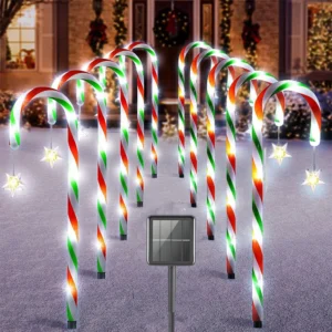 Lampes solaires de Noël à piquet – Étoiles et cannes de bonbon LED, 8 modes d’éclairage